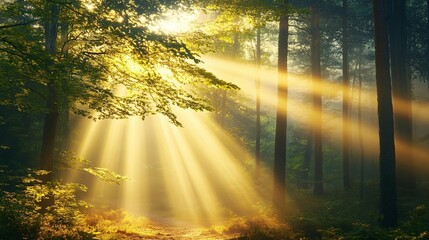 Wall Mural - Sunbeams Illuminating a Forest Path Through Misty Trees