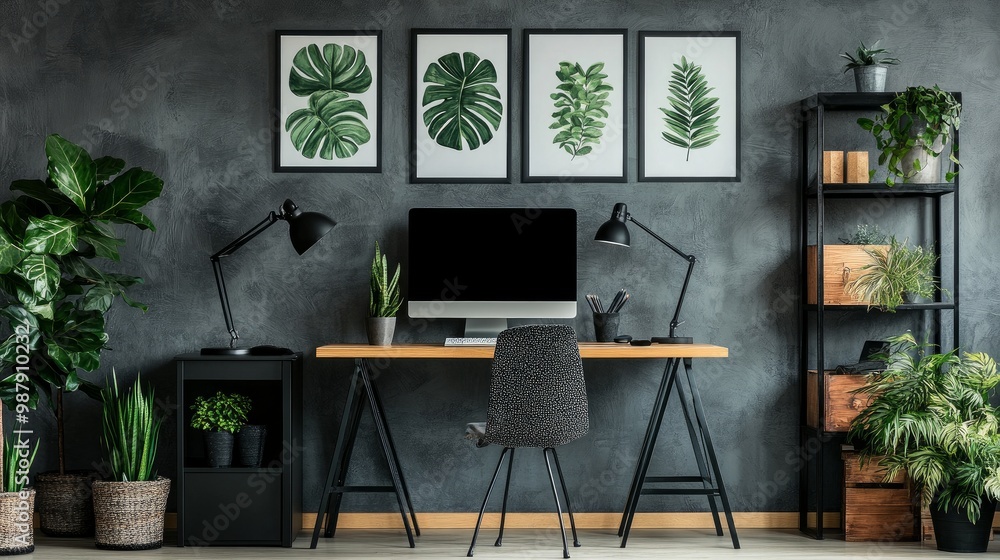 posters with patterns above a desk and computer display in a grey home