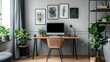 © Fakhri Afrasiyabov - posters with patterns above a desk and computer display in a grey home office with greenery