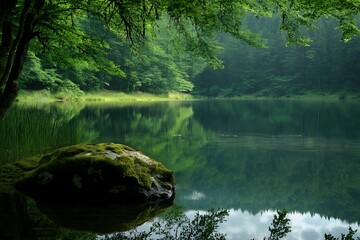 Sticker - Serene lake surrounded by lush greenery and a large moss covered rock