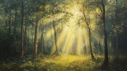 Wall Mural - Sunbeams Illuminating a Forest Path