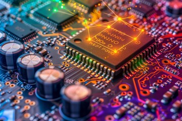 Leinwandbilder - Close-up view of a microprocessor on a circuit board, highlighting the intricate connections and technology involved in modern electronics and digital systems.