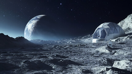futuristic igloo-like habitat on the moon's surface. lunar surface. illustration