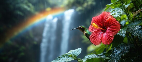 Hummingbird on a Hibiscus Flower with a Waterfall and Rainbow in the Background