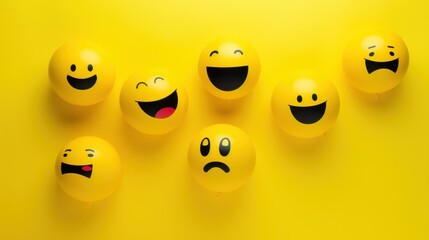 Colorful speech bubble emoticons float on a vibrant yellow background, showcasing a variety of expressive faces in a playful and energetic context.