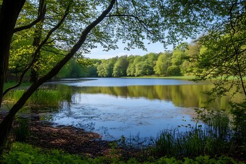 Sticker - Tranquil Forest Lake with Lush Green Trees Reflecting in Calm Water