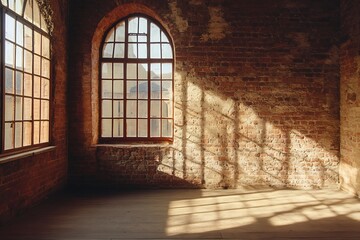 Sticker - Sunlight streaming through arched windows in a brick room