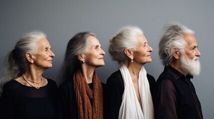 Four elderly individuals stand in profile view, each showcasing their unique expressions and timeless elegance against a neutral background.