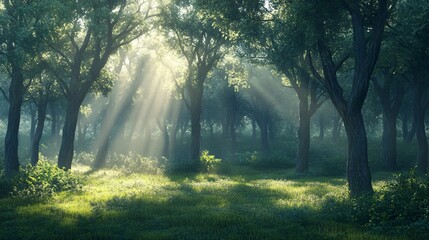 Wall Mural - Sunbeams Illuminating a Misty Forest Path