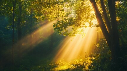 Wall Mural - Sunbeams Illuminating a Misty Forest Path