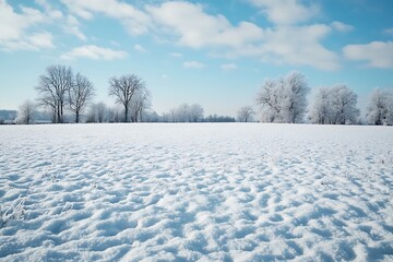 Sticker - Winter landscape with snow covered field and trees under blue sky