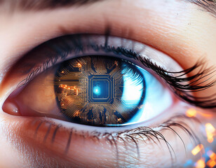 Wall Mural - Close-up of a futuristic eye with lashes with computer networks inside the iris