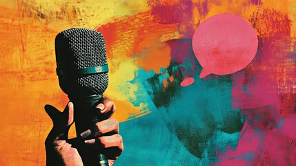 A human hand holding a microphone with a speech bubble, set against a colorful background in collage art