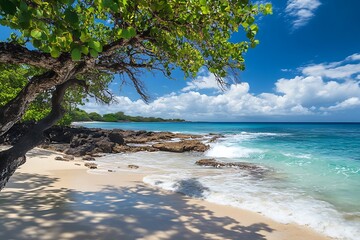 Wall Mural - Tranquil Tropical Beach with White Sand, Azure Water and Lush Greenery