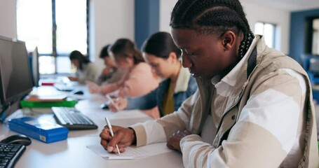 Sticker - Desk, writing and student in classroom for learning, lecture or lesson at university. Computer, notebook and scholarship with learner or pupil in school class for assessment, report and study