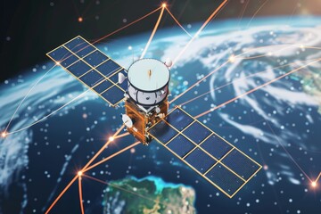 Fototapete - A satellite orbits Earth, highlighting global communication and digital connectivity through intricate network connections in a futuristic space environment.