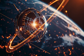 Fototapete - A satellite orbits Earth, highlighting global communication and digital connectivity through intricate network connections in a futuristic space environment.