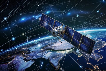 A satellite orbits Earth, highlighting global communication and digital connectivity through intricate network connections in a futuristic space environment.