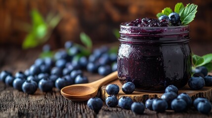 Jar of vibrant blueberry jam with fresh blueberries on a rustic wooden table.