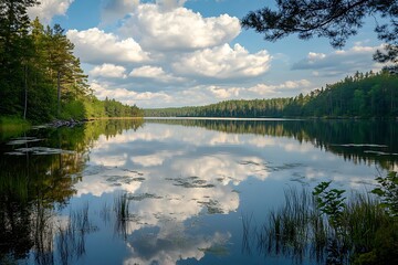 Poster - Serene summer landscape with a calm lake, green forest and fluffy clouds reflected in the water