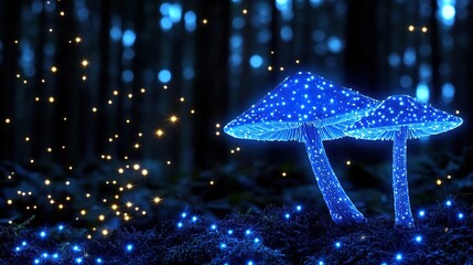 Magic mushrooms glow with blue light in a dark enchanted forest, a fantastic scene of mystical nature.