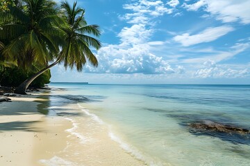 Poster - Tropical Beach Scene with Palm Trees and Clear Blue Ocean