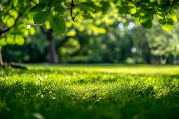 Canvas Print - Green grass close up with blurry leaves and trees background