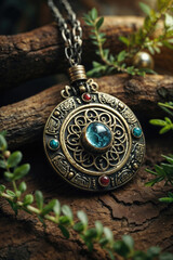 vintage amulet with intricate designs, featuring a central blue gemstone, set on a rustic background of wood and greenery.