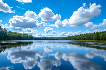 Wall Mural - Tranquil lake scene with blue sky, puffy clouds, and trees reflecting in water