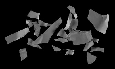 Wall Mural - Pile ripped white paper scraps isolated on black, clipping path