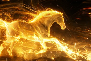 Leinwandbilder - Horse depicted with luminous light lines in motion, illustrating speed, energy, and dynamic movement in a futuristic and digital style.