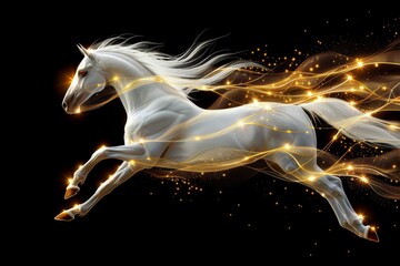 Horse depicted with luminous light lines in motion, illustrating speed, energy, and dynamic movement in a futuristic and digital style.