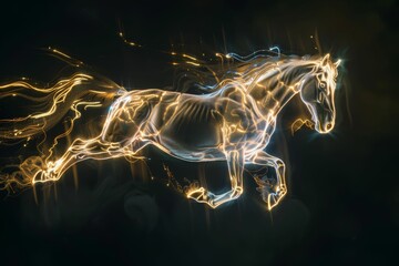 Horse depicted with luminous light lines in motion, illustrating speed, energy, and dynamic movement in a futuristic and digital style.