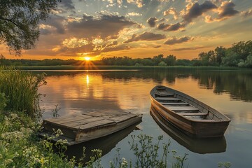 Wall Mural - Sunset over calm lake with two wooden boats. Golden light and clouds create a serene landscape scene