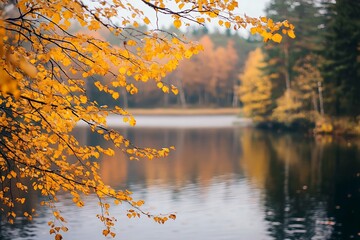 Canvas Print - Autumn Leaves Overlooking a Still Lake in Forest