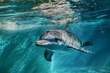 Dolphin swimming underwater in blue water with a curious expression.