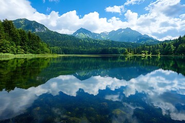 Wall Mural - Serene Mountain Lake with Blue Sky and White Clouds Reflecting in Still Water