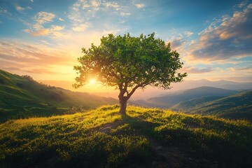 Wall Mural - Solitary tree on a hilltop at sunset, dramatic sky, mountain landscape, nature, scenic, green, peaceful, golden hour