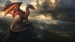 © Vladislav - Majestic dragon sits atop a mountain, towering over the vast landscape below with dramatic clouds overhead. The scales of its wings shimmer in the sun, and it glows red and gold under the twilight sky