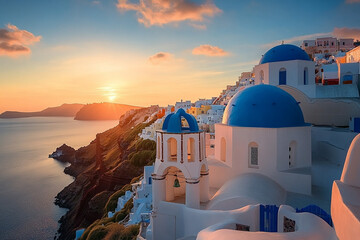 Santorini Greece skyline at sunset. Beautiful travel photo in the Mediterranean. Blue domed buildings with white stone