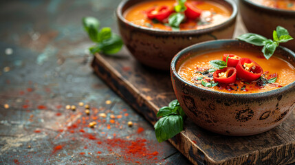 Handcrafted ceramic bowls of roasted red pepper soup. Artisan pottery studio backdrop. with space for text 