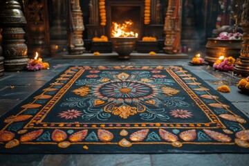 Creative Traditional Indian Mandala Carpet in Spiritual Temple Setting with Decorative Elements and Fire.