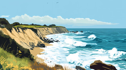 Ocean view from a cliffside with crashing waves, rocky shoreline, and a clear blue sky. Cliffside View. Illustration