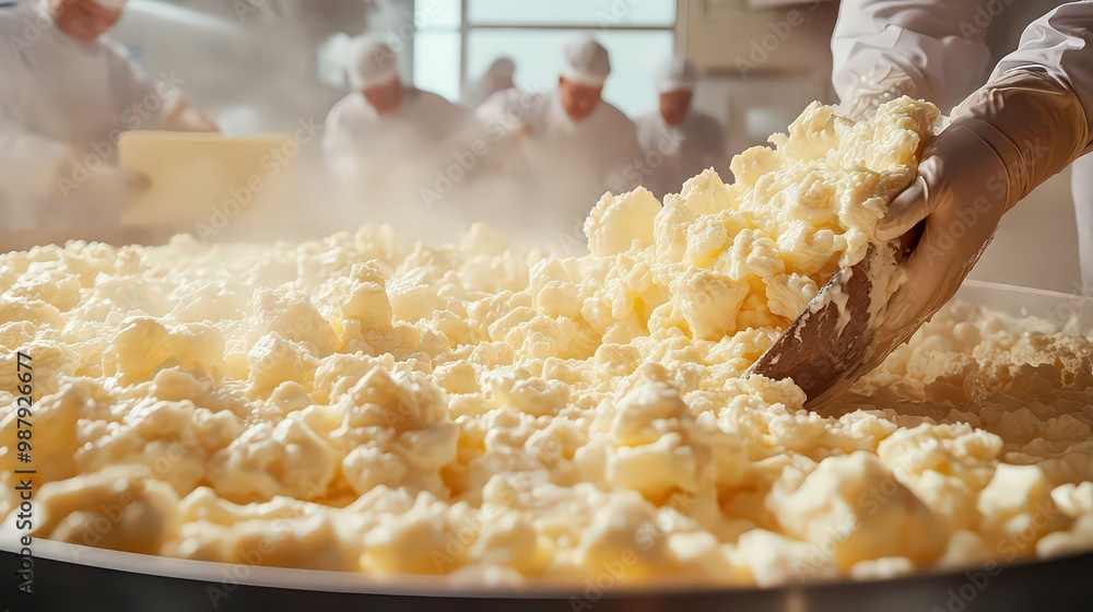 Cheese curds are scooped by workers in dairy production line, combining ...