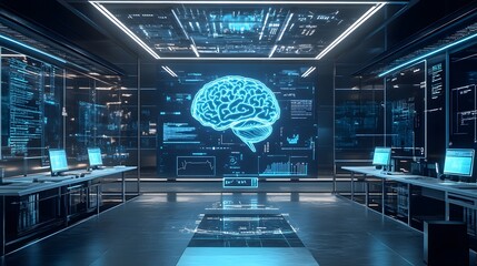 Futuristic Tech Room with Illuminated Brain and Data Screens