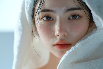 A beautiful Japanese woman, with delicate skin texture, has a white towel...