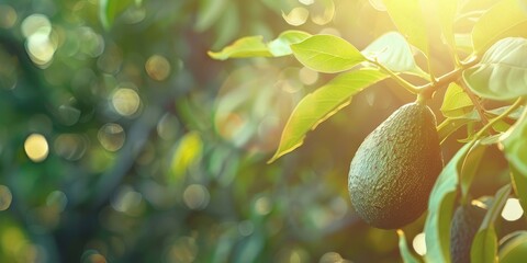 Wall Mural - Sunlit Avocado Hanging from Tree Branch with Room for Text