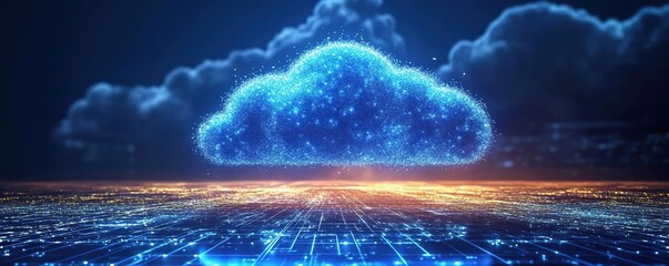 A futuristic cloud computing concept with glowing elements, representing digital innovation and data storage in a cyber environment.