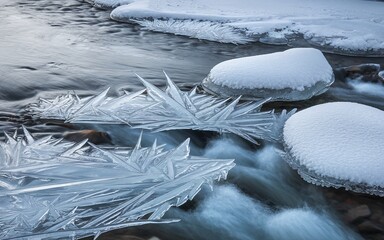 Frozen river with intricate ice formations.