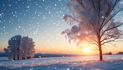 Wall Mural - Winter Sunrise Landscape with Snow-Covered Trees and Expansive Copy Space